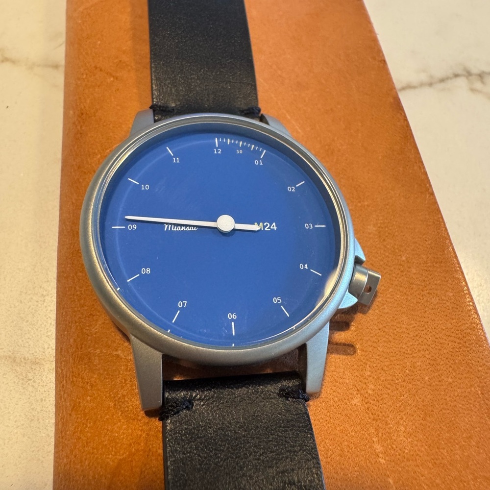 Miansai Blue Dial Minimalist Watch with Black Leather Strap